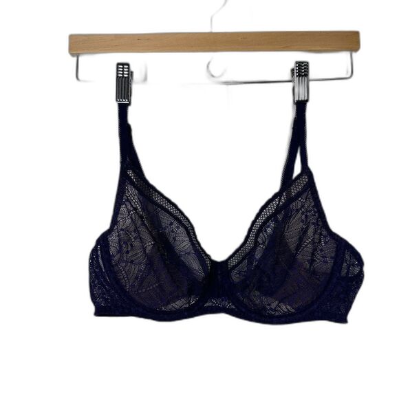 Simone Perele Lace Underwire Bra Navy Blue Size 34C Sheer Floral Lingerie - Picture 1 of 7